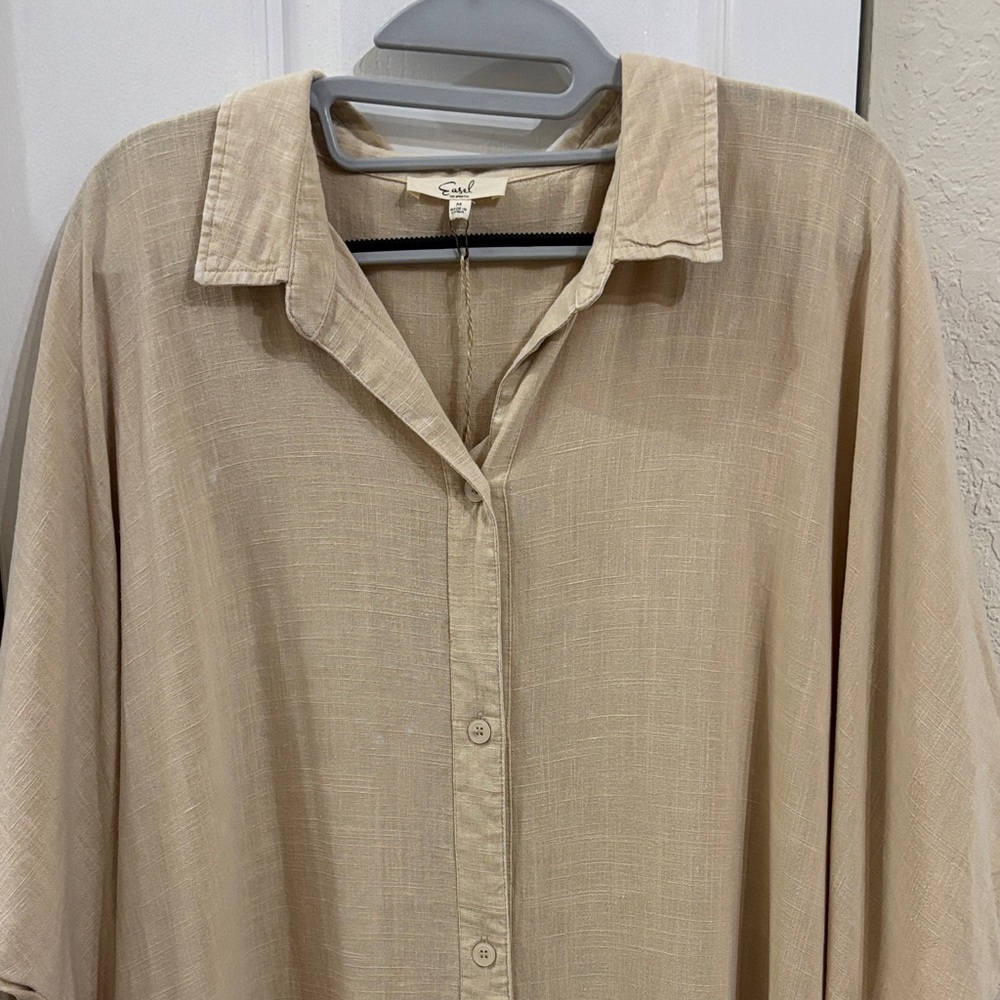 Easel Linen Blend Beige Button Down Shirt Dress - Picture 5 of 9